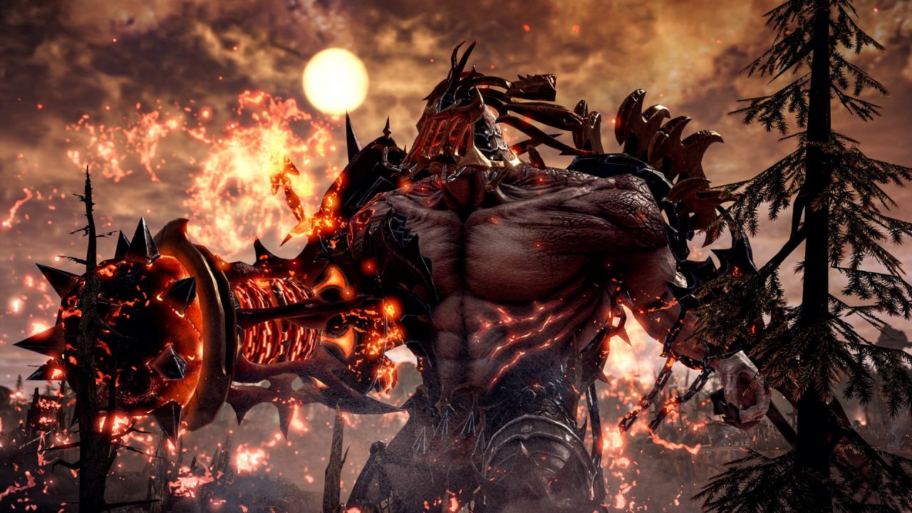 A screenshot of a large demonic creature with pale skin in the MMORPG Lost Ark. It is standing infront of a flame-lit sky with the moon glowing brightly in the background.