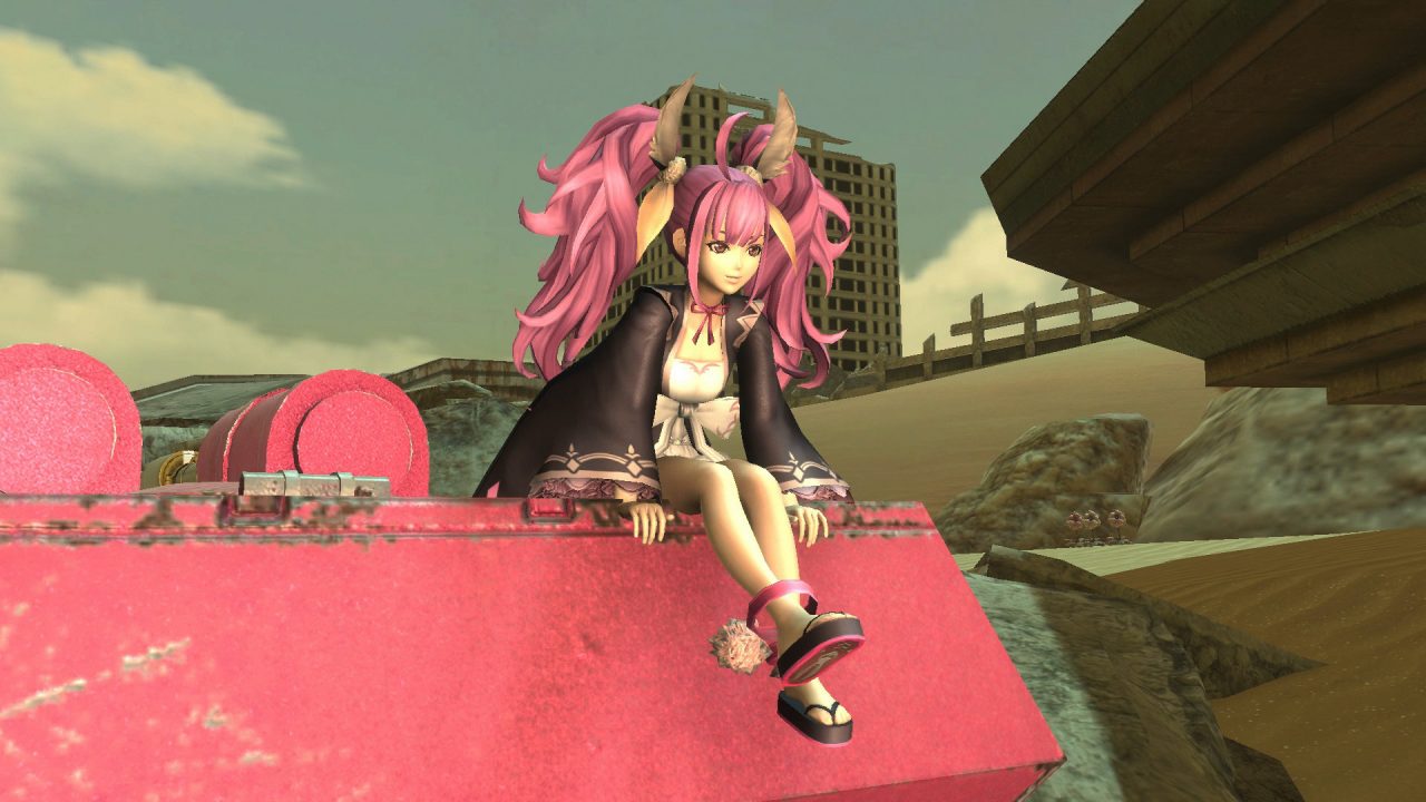 A girl seated upon a pink roof in Metal Max Xeno