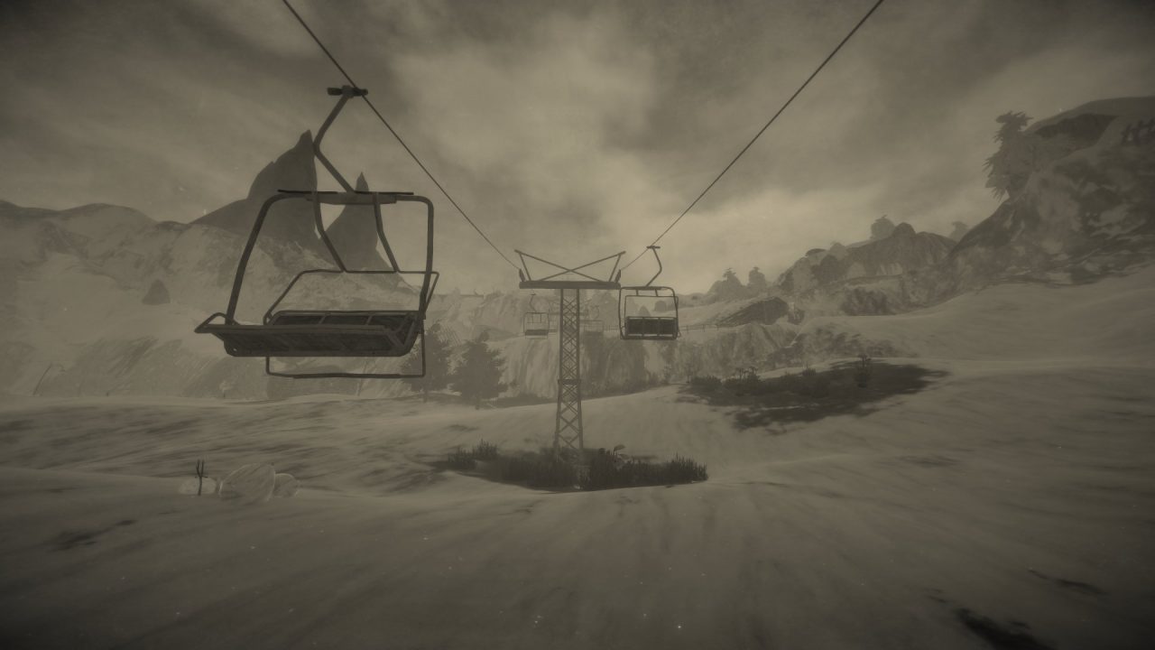 Mundaun sepia screenshot of a mountain lift, viewed in first person.