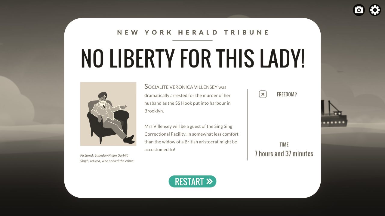 Newspaper article titled "No Liberty For This Lady" showing one possible ending when Veronica is caught.