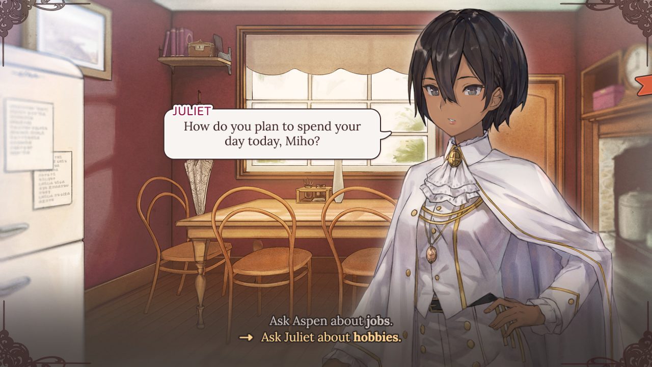 A decision point in Please Be Happy. Juliet asks Miho how she plans to spend the day.