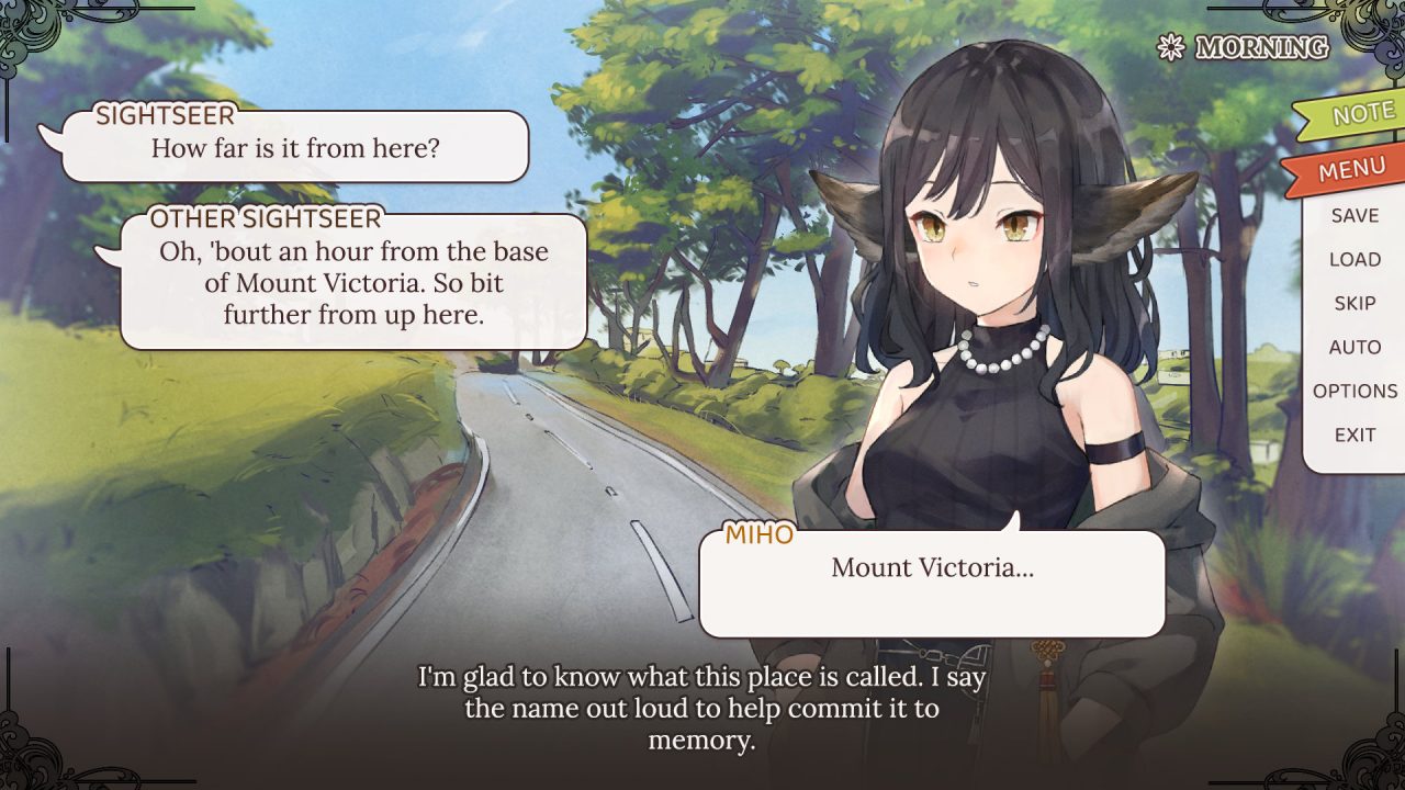 Miho's quest takes her all over Wellington in Please Be Happy. In this screenshot she stands by a road next to a wooded area while nearby sightseers discuss Mount Victoria.