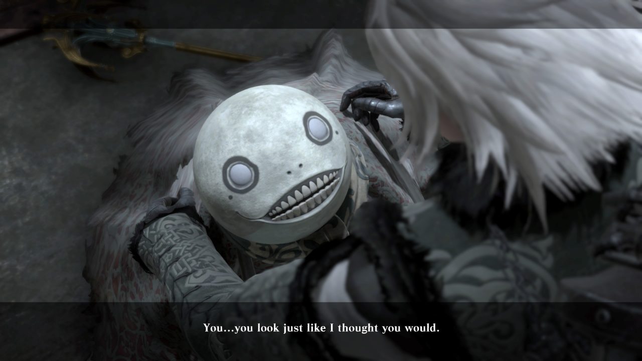 Emil, now transformed into a skeleton, looks up at the adult Nier in NieR Replicant