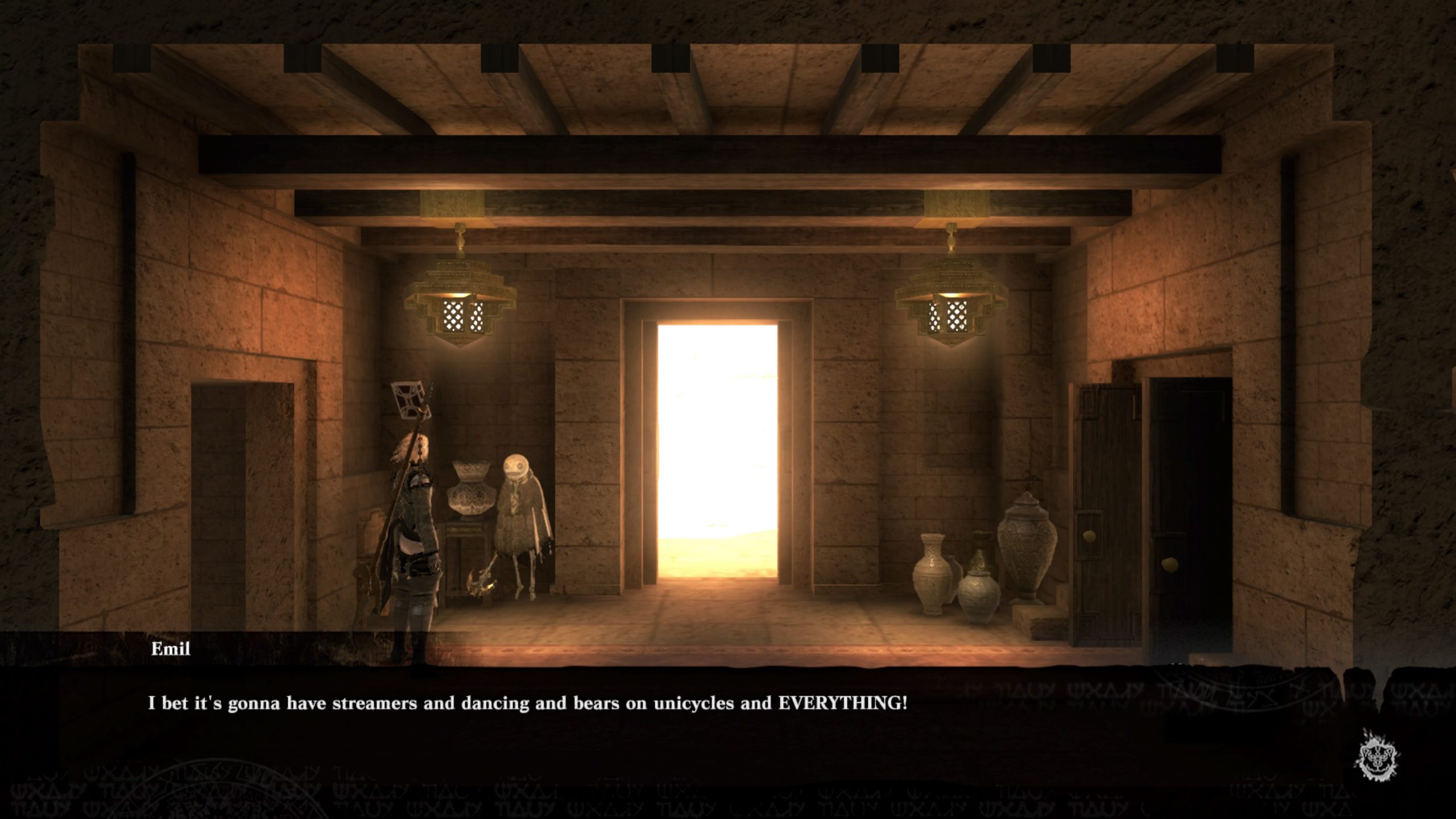 Emil talking to Nier and Weiss in the King of Facade's palace in NieR Replicant
