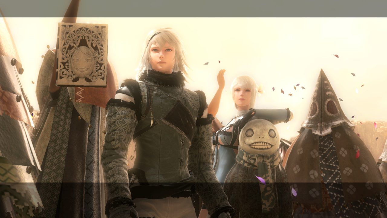 Nier, Kaine, Emil, and Grimoire Weiss stand and watch the King of Facade and Fyra get married in NieR Replicant