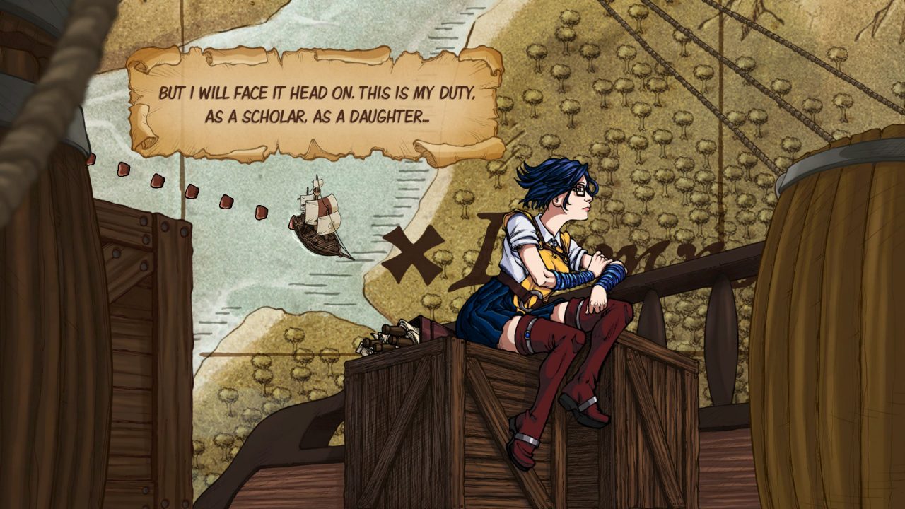 A lead character with short blue hair, glasses, and thigh-high red boots ponders in Reverie Knights Tactics.