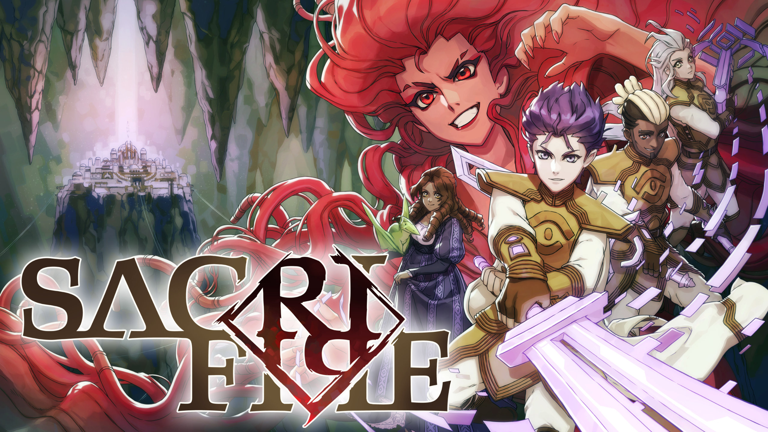 SacriFire Artwork of a diverse cast of characters including a boy with a glowing purple sword and a girl with a pet baby pterodactyl.