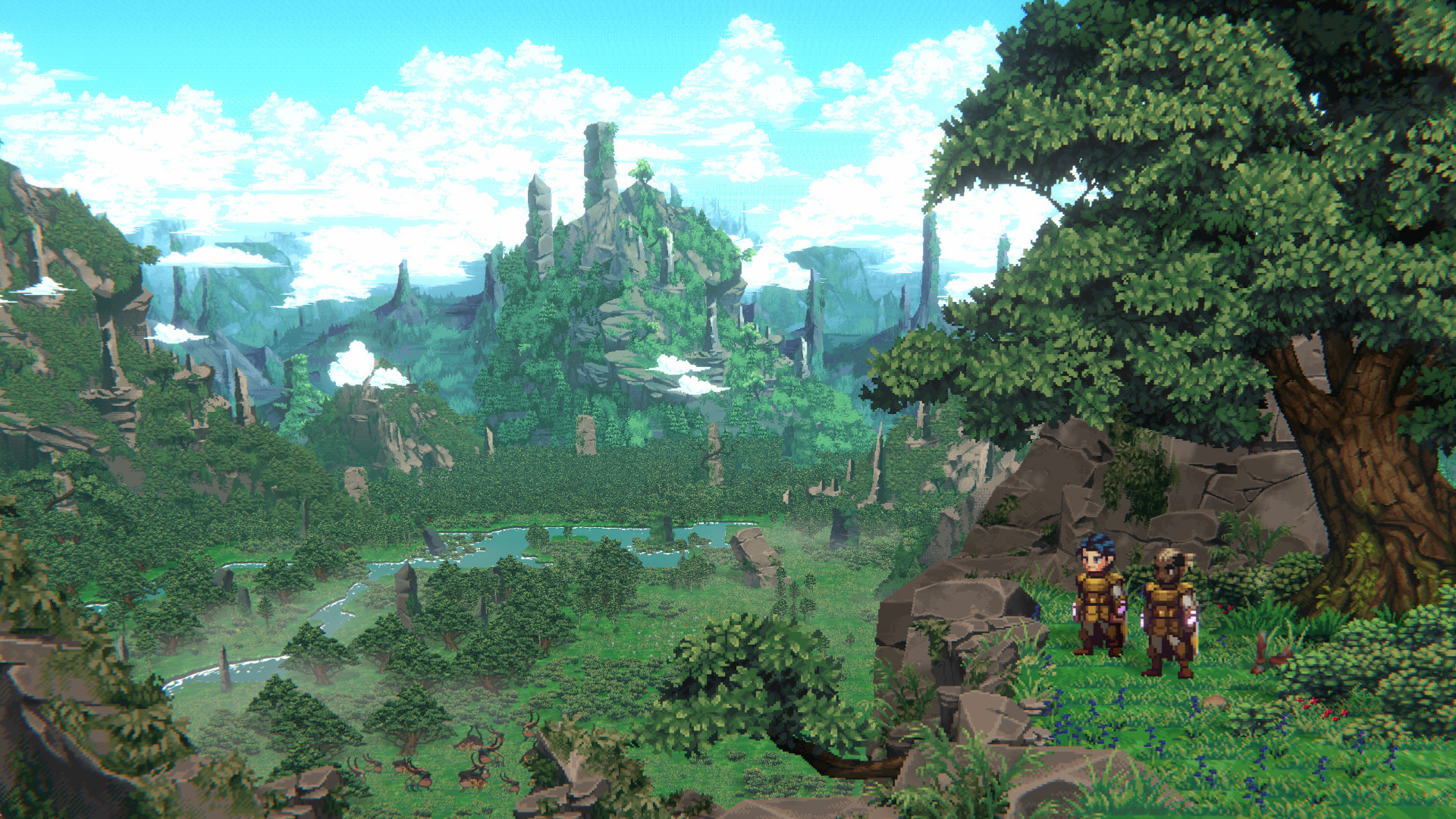 SacriFire screenshot of a person on top of a lush mountain overlooking a vast valley with ruins in the distance.