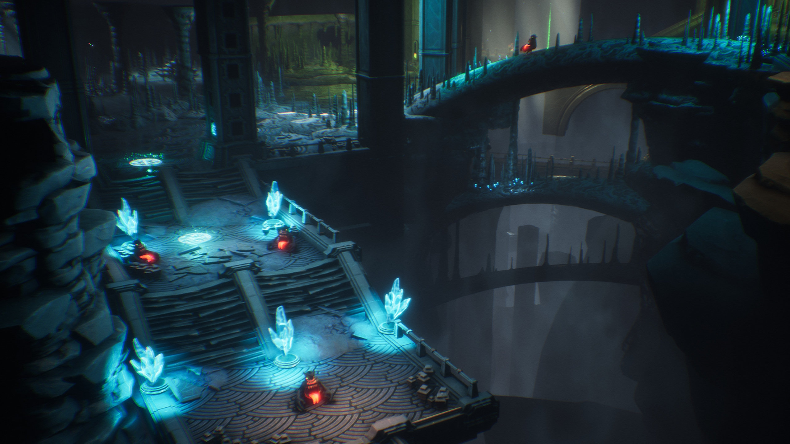 An environment of Sands of Aura showcasing a staircase peppered with glowing crystals that emanate blue light.