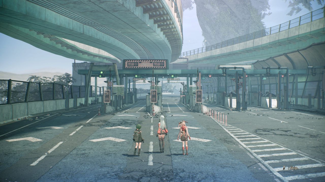 Scarlet Nexus screenshot of three people looking out on a derelict, multi-level highway system. A large, twisting tree is visible in the background.