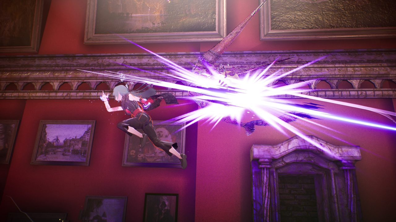 Scarlet Nexus screenshot of a woman dashing in mid-air past an Other, slashing it apart as she does.