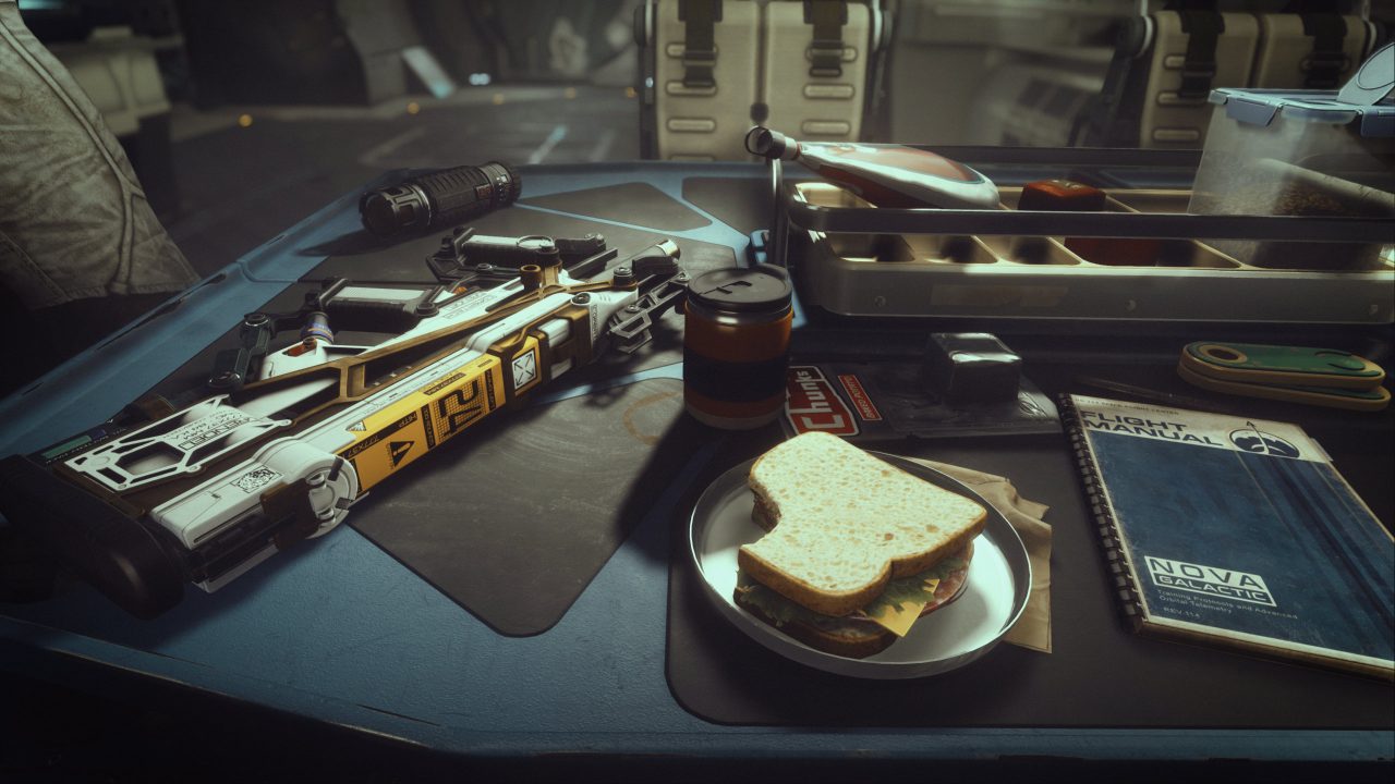 Starfield screenshot of a sandwich and supplies on a table.