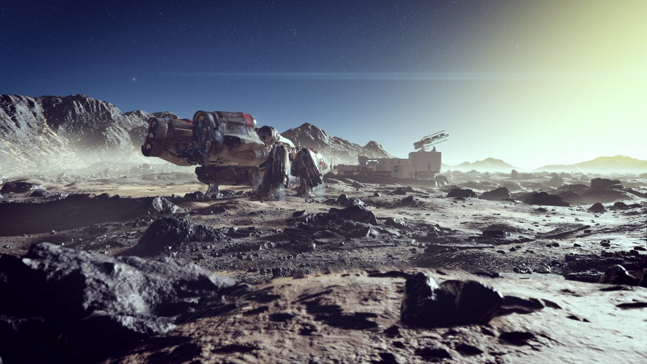 The rocky crags of some unknown world in Starfield.