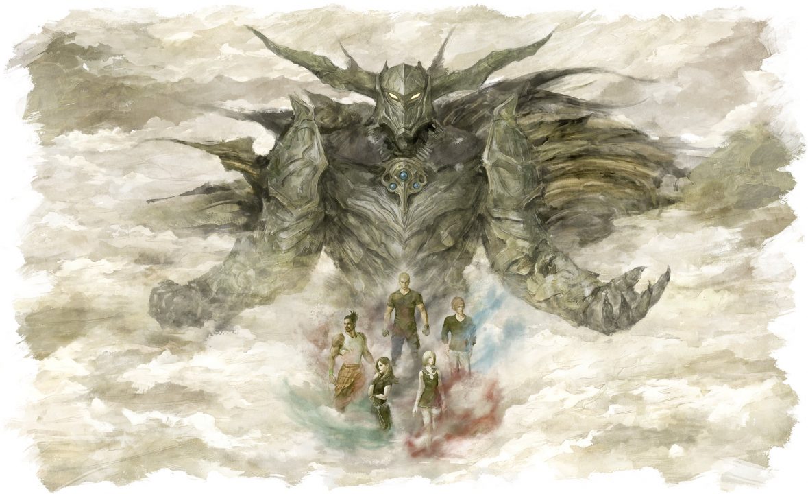 Stranger of Paradise Final Fantasy Origin Artwork of the knight Garland looming over the main party below.