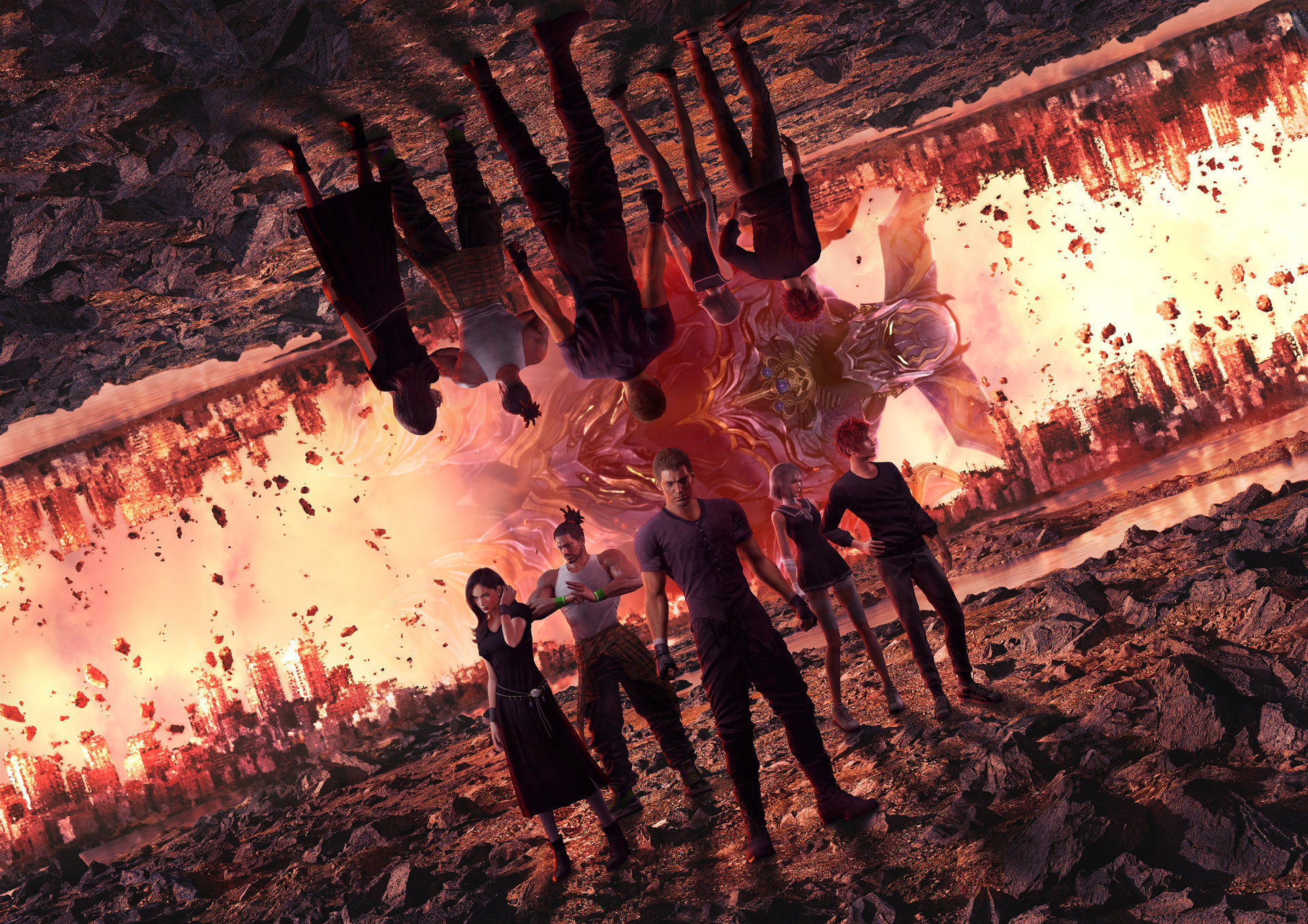 Stranger of Paradise Final Fantasy Origin Artwork of the five main cast members standing in rubble with a reversed reflection of them above and a crumbling modern city as a backdrop.