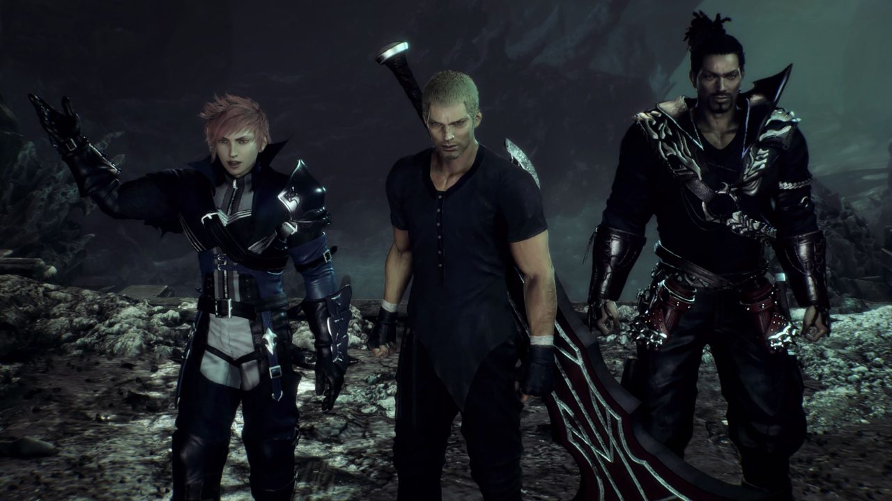 Screenshot From Stranger Of Paradise Final Fantasy Origin of three men dressed in dark colors standing against a washed out background