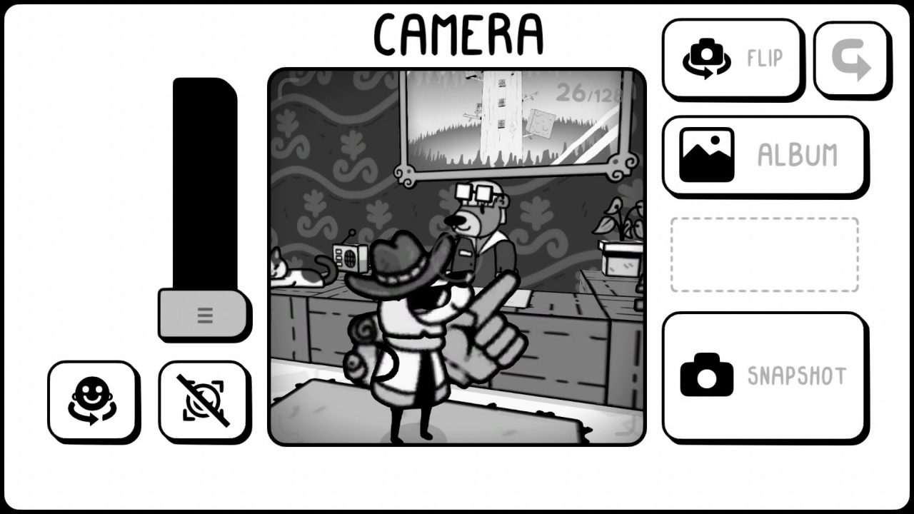 A black and white image of the photo menu in TOEM, a video game where you take photographs. There is a zoom slider, a button to flip the shot, and a button to view your photo album.