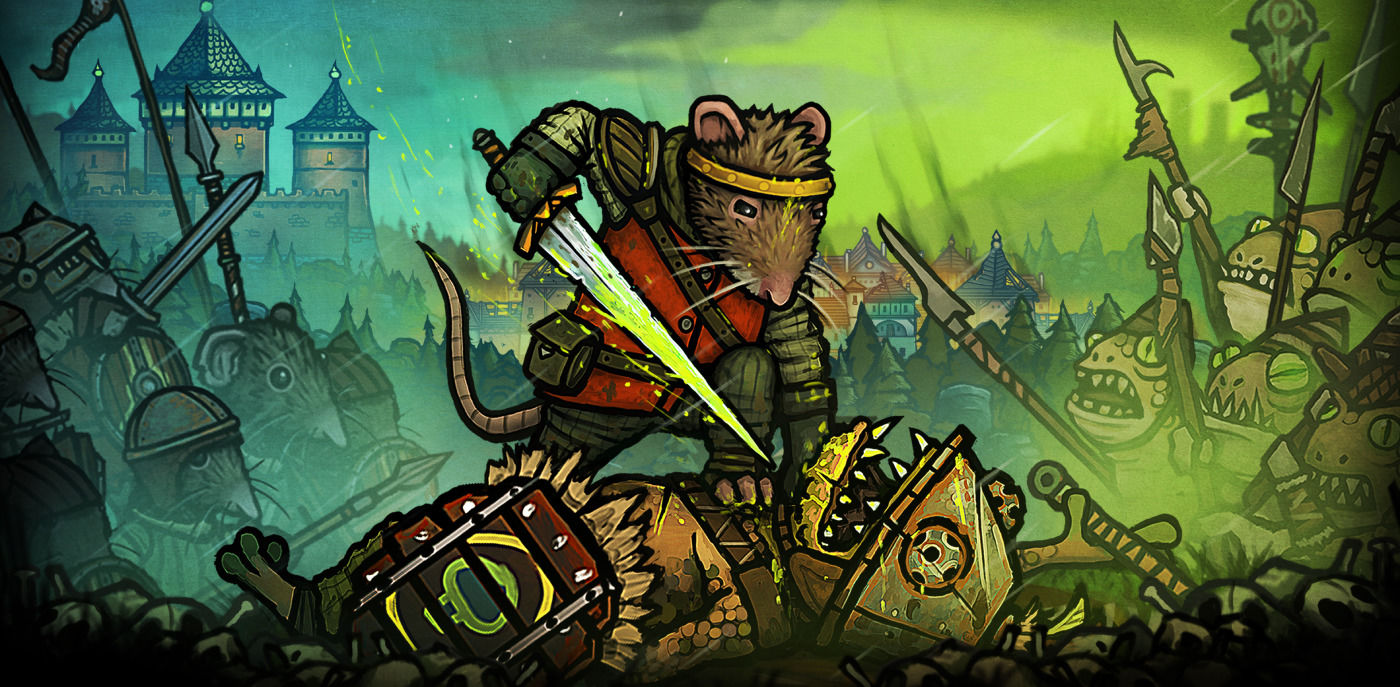 Redgi, the rat prince protagonist of Tails of Iron, stands atop a defeated frog with a long sword at the their throat.