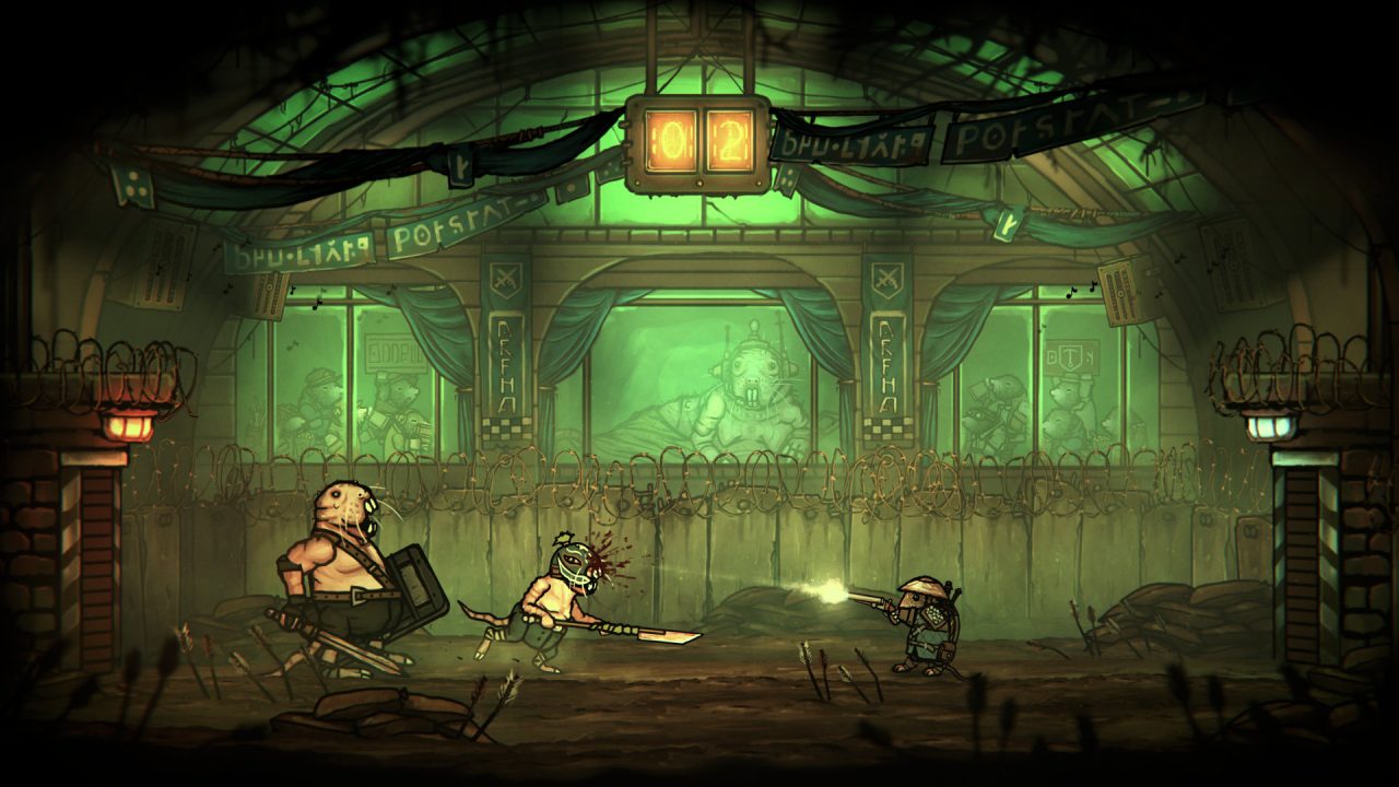 Action-packed gameplay with a greenish hue in Tails of Iron. A small rat is firing a gun at what looks like two larger rodents.