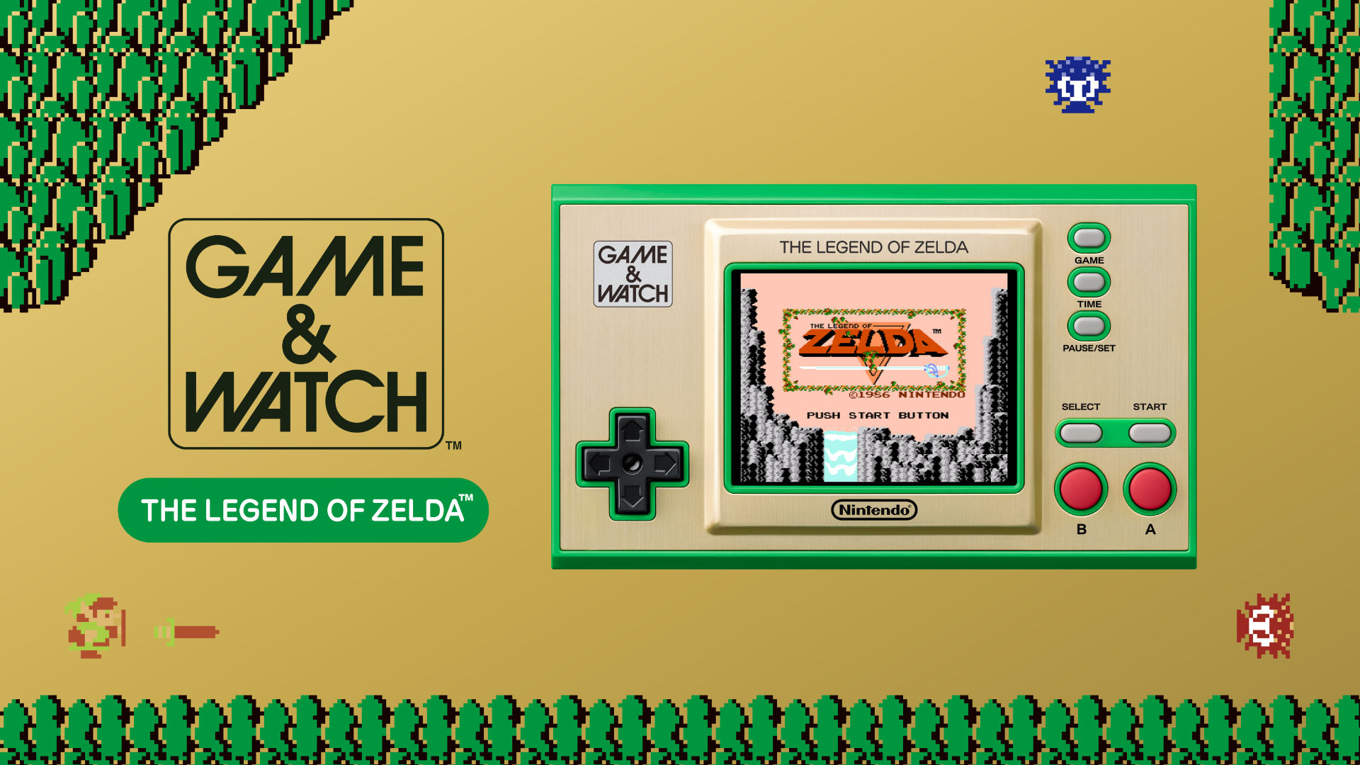 Game & Watch: The Legend of Zelda graphic with the handheld device in an NES Zelda setting.