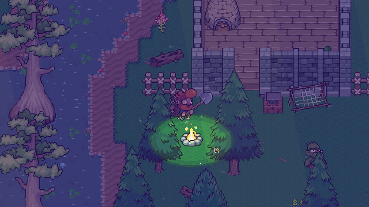 Building a campfire at night, near a small stone house in Wanderlost.