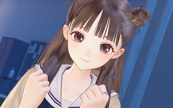 A close up of a school girl's face in Blue Reflection: Second Light