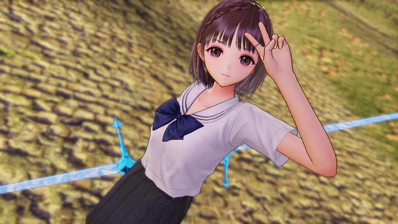 A screenshot depicting Ao Hoshizaki, a young high schooler. She is doing a peace sign with one hand and holding a spear of light with the other.