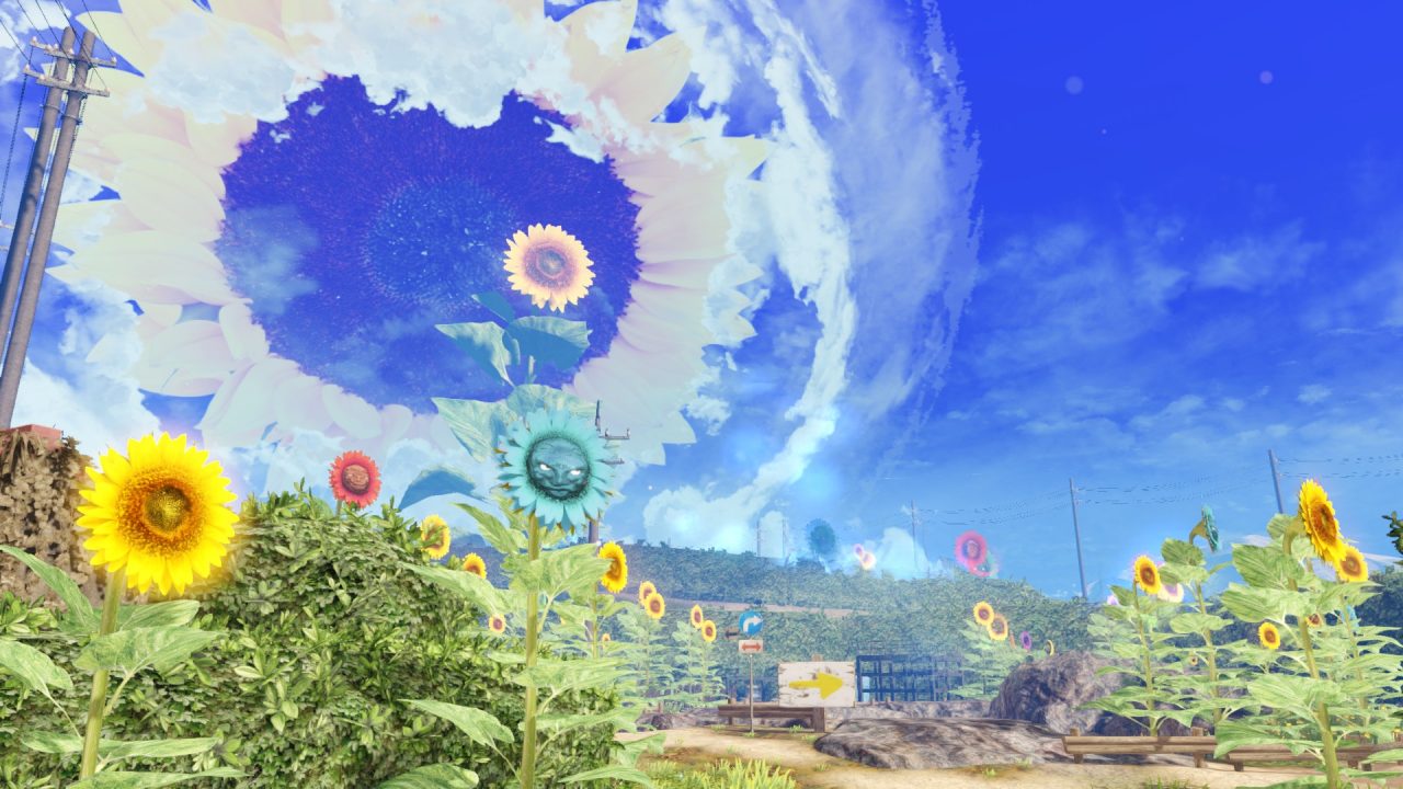A screenshot depicting a blue sky with clouds forming a gigantic halo above. Below the clouds, multicoloured flowers perk up above fields of greenery.