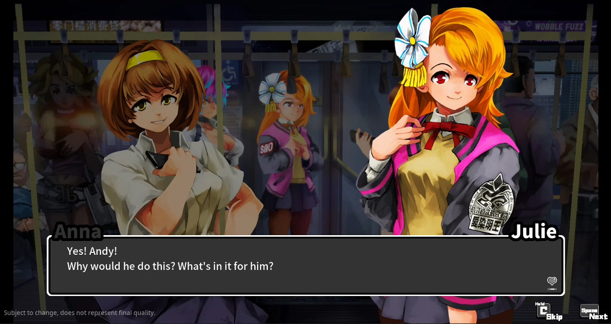 VN-style scene of schoogirls talking inside a bus in Detained: Too Good for School.