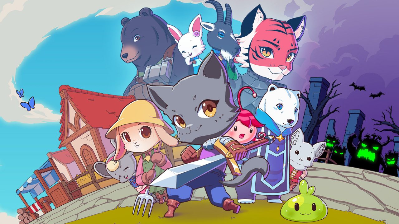 Kitaria Fables Artwork of a soldier cat with their bunny, polar bear, mouse, and other animal friends in a quaint village.