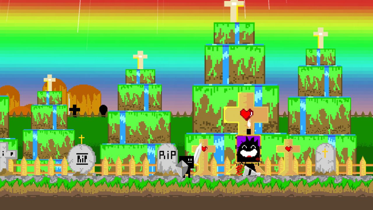 A colourful screen full of waterfalls, hills, and rainbow sky in Parasight