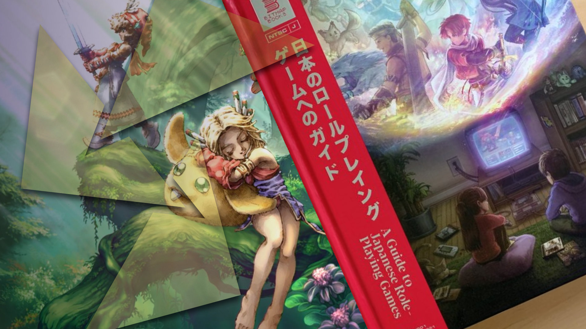 An image from Legend of Mana showing the main boy hero brandishing a sword and the girl hero snuggling a yellow rabbit creature and a copy of the A Guide to Japanese Role-Playing Games book superimposed on top of it.