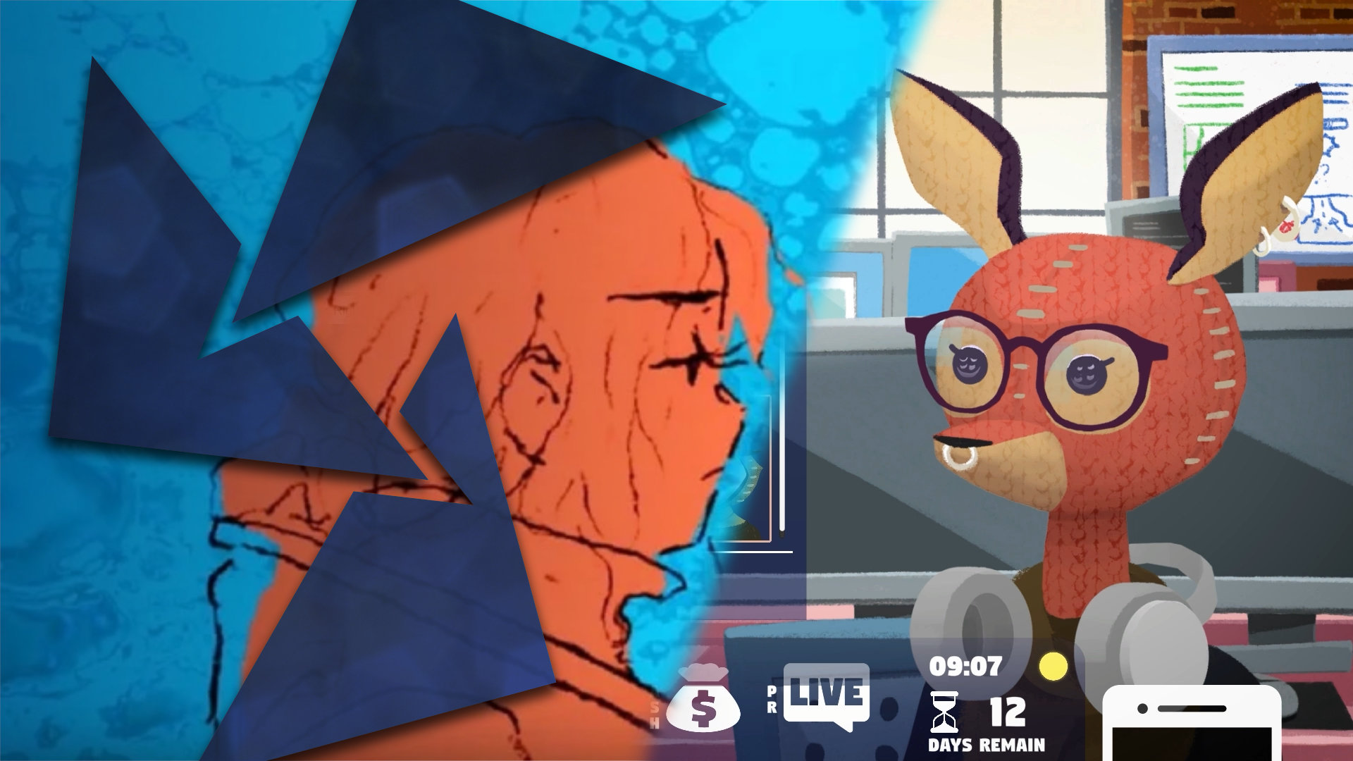 An image of a young woman from the game If Found... and a anthropomorphic doe with glasses working in an office from the game Game Developer Studio.