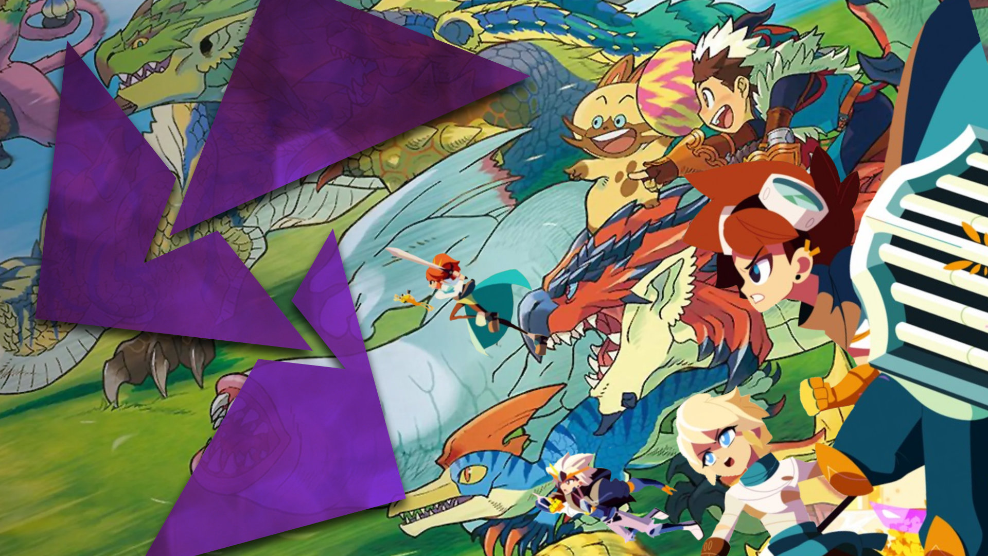 A bevy of Monster Hunter Stories 2 monsters charge ahead alongside characters from the game Cris Tales.