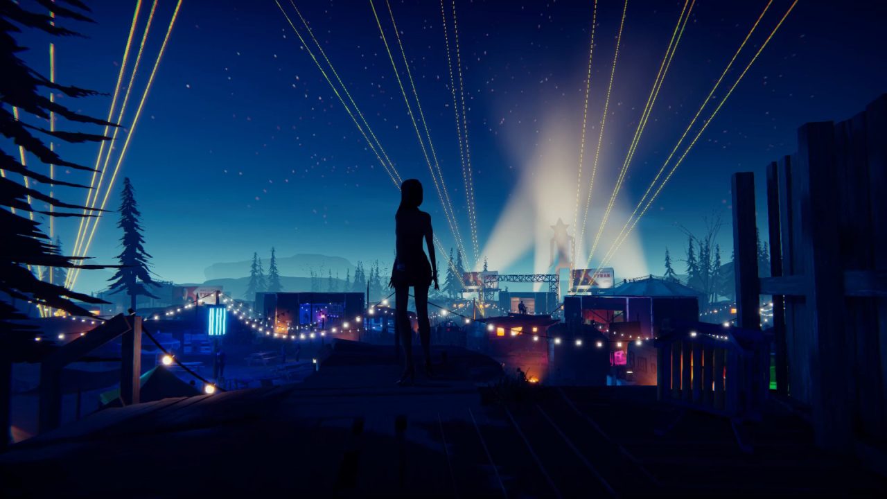 Silhouette against a town skyline at night with rows of lights and large floodlights in the background.