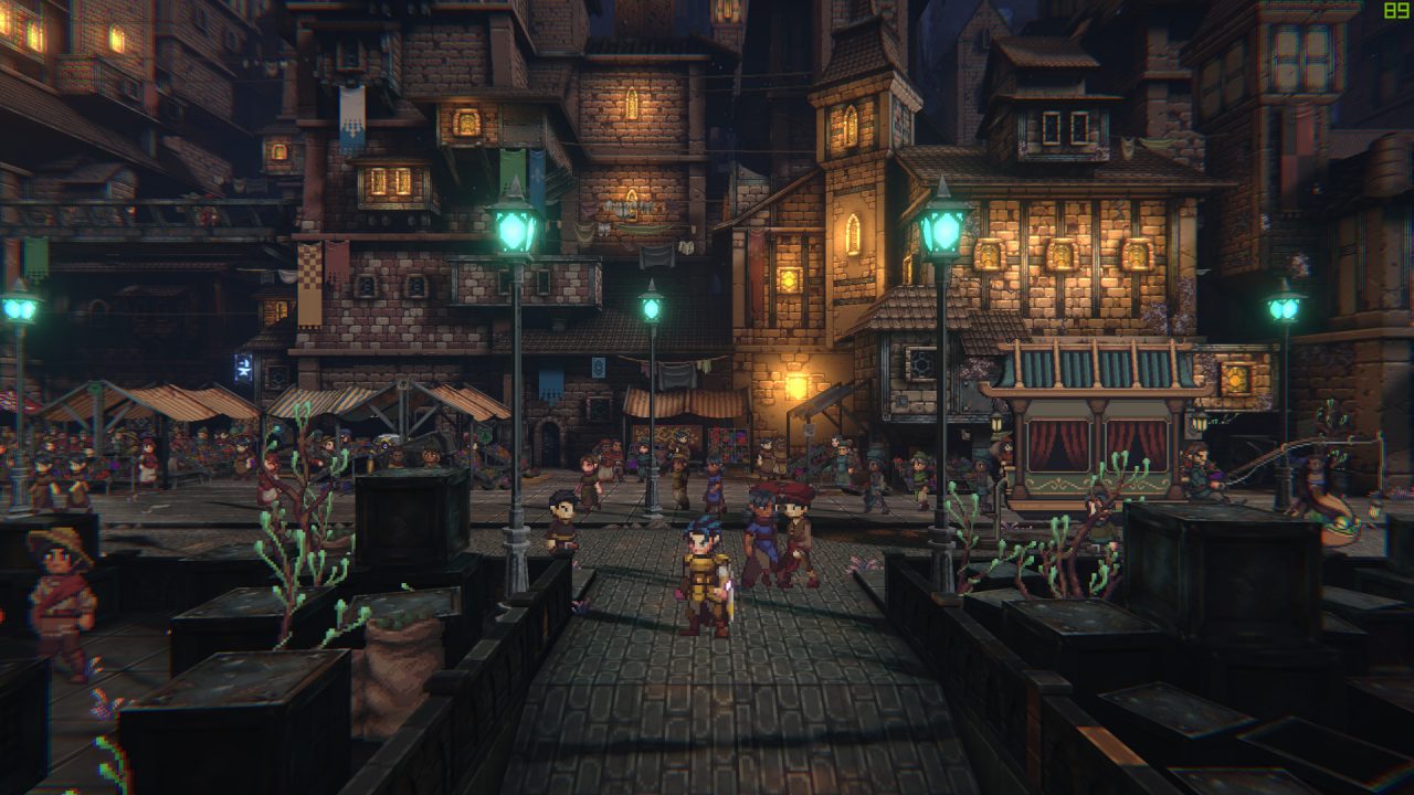 SacriFire screenshot of characters exploring an underground city with Medieval-style architecture.
