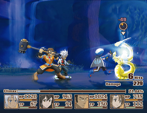 A shot in combat in Tales of Legendia featuring Senel, Chloe, Will, and Norma.