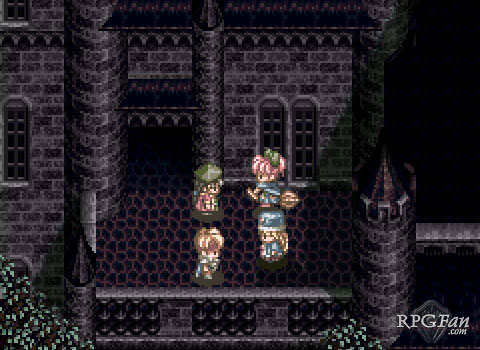Cless, Arche, Mint, and Klarth, the main cast of Tales of Phantasia, outside of a castle.
