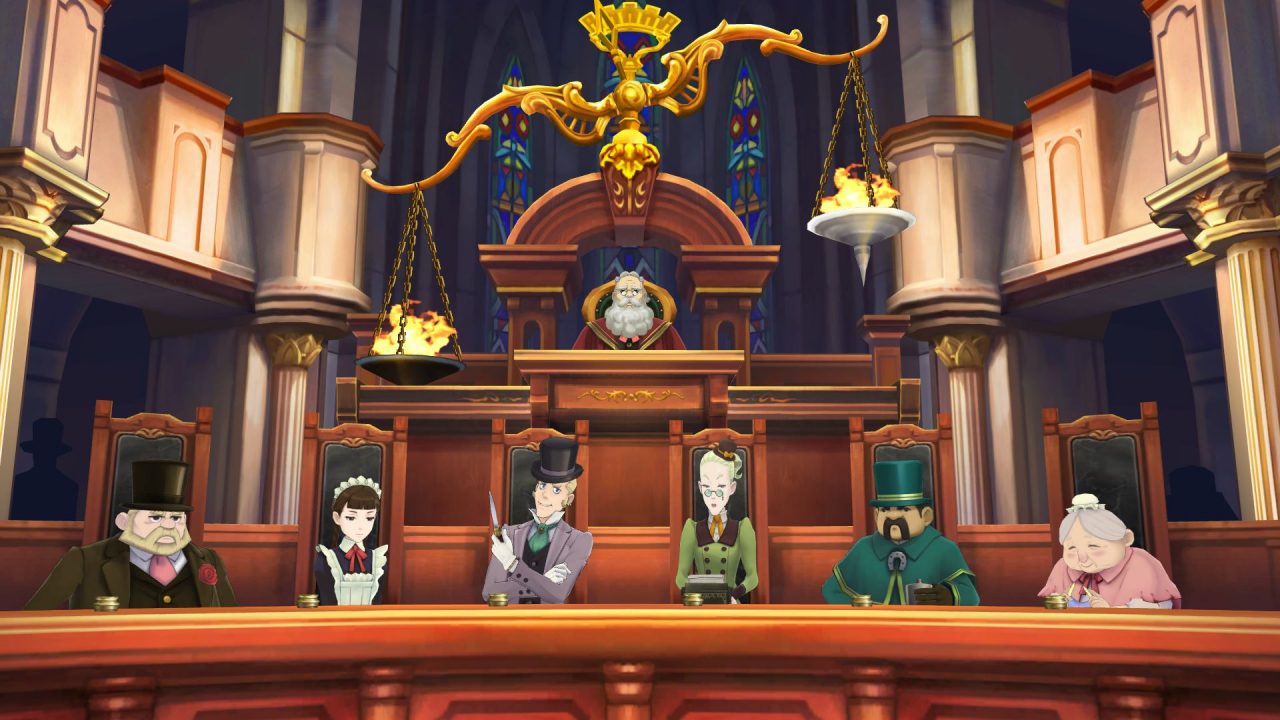 Judge and jury of six easily misled London citizens in the courtroom seats in Great Ace Attorney Chronicles.