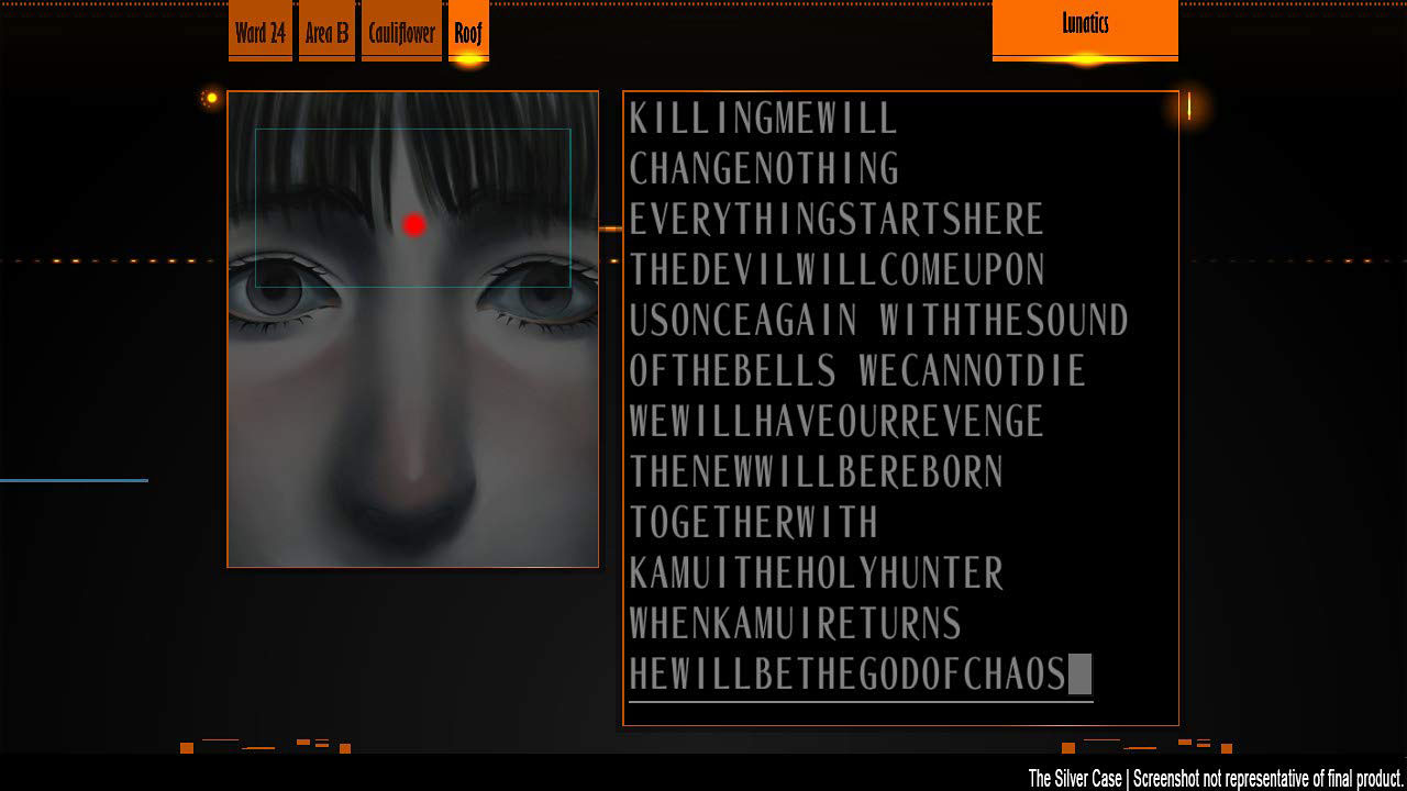 A close up of a person's face and text squashed together in The Silver Case 2425