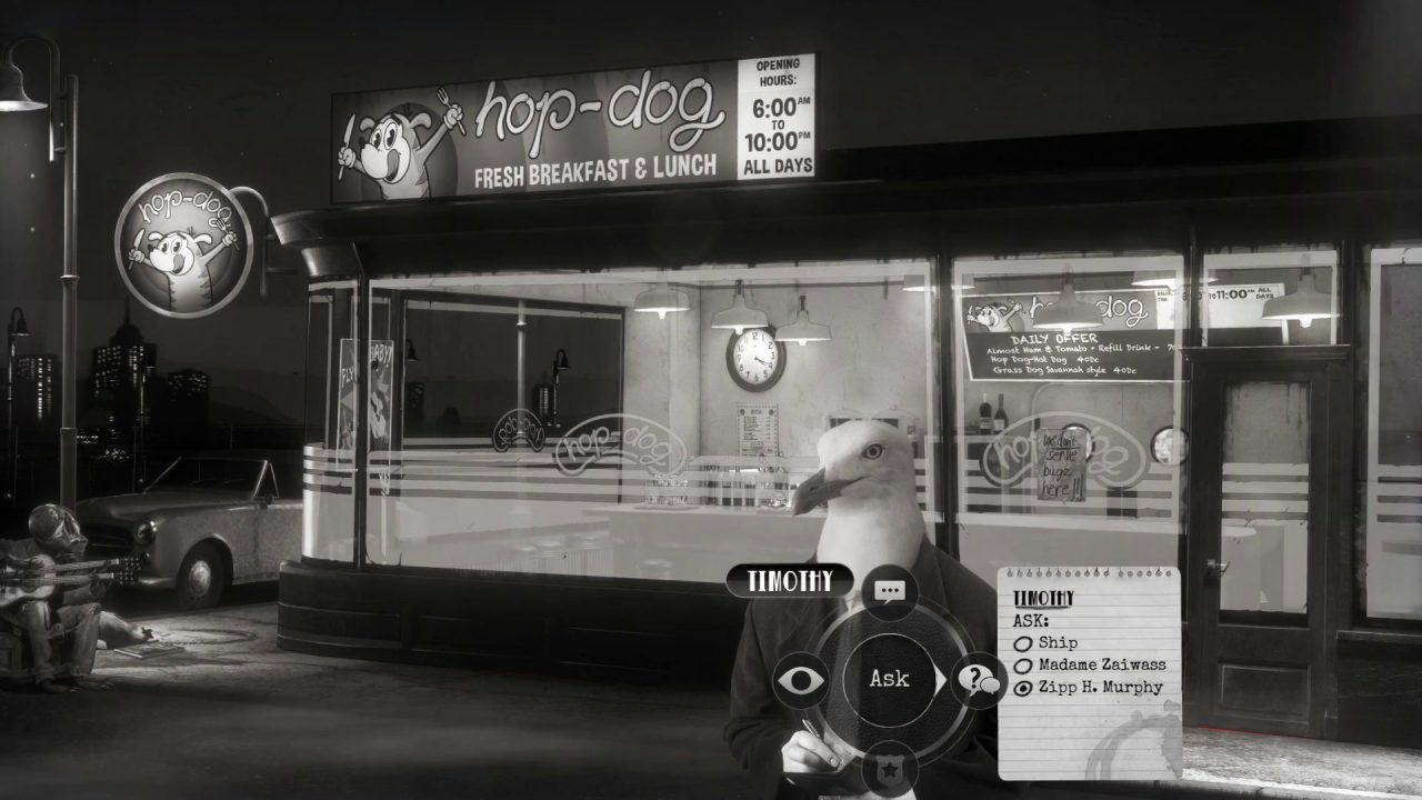 Chicken Police screenshot of a seagull named Timothy standing in front of a diner called the Hop-Dog.