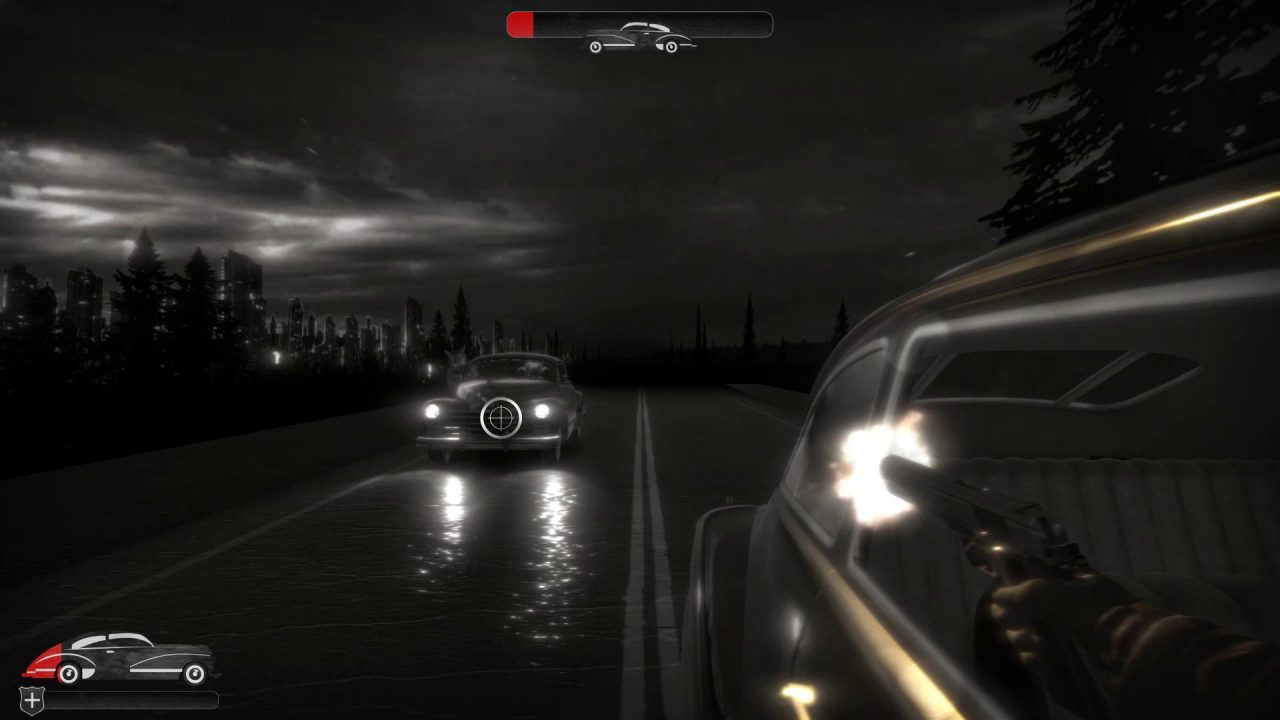 Chicken Police screenshot of a car chase minigame where the player must shoot at a pursuing car.