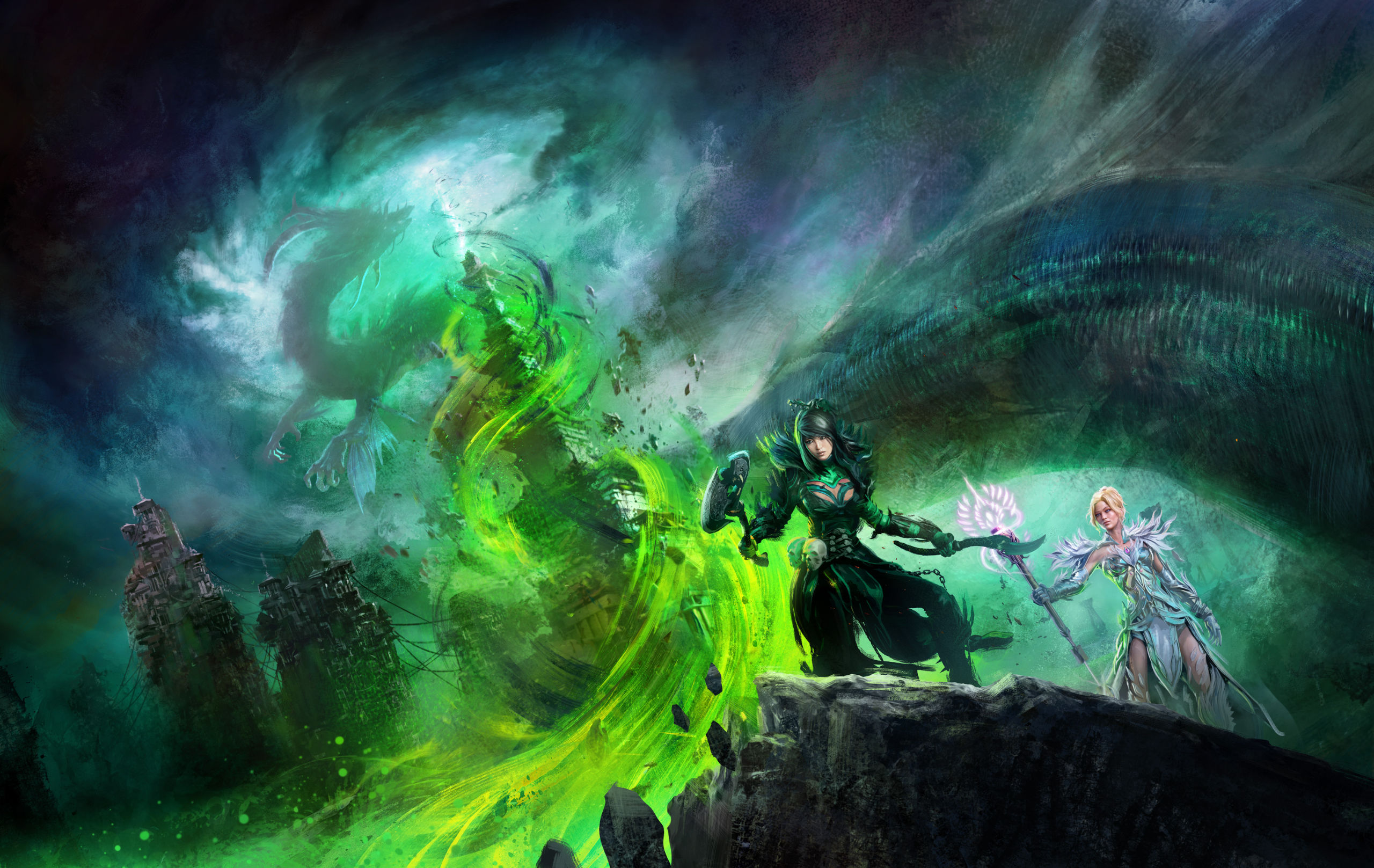 Guild Wars 2: End of Dragons artwork - A dragon flies around a tower engulfed in a spiral of green fire while two women watch from a distance.