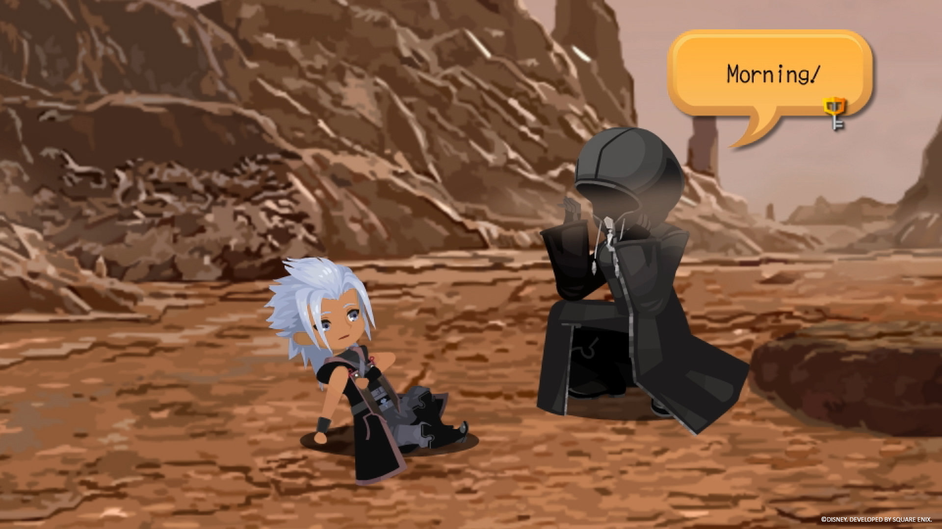 Screenshot From Kingdom Hearts: Dark Road Featuring Young Xehanort and a Cloaked Figure