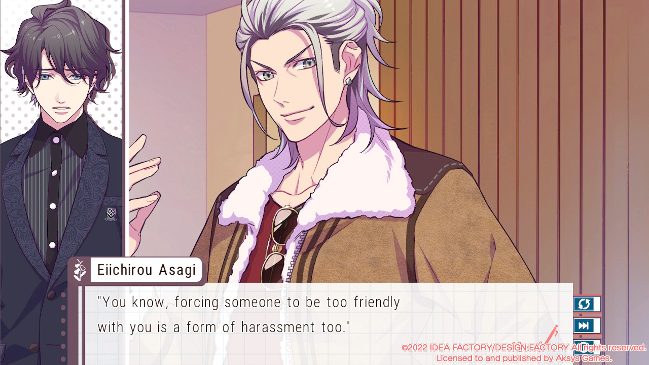 A dialogue screenshot with Asagi and Hanai from Lover Pretend.