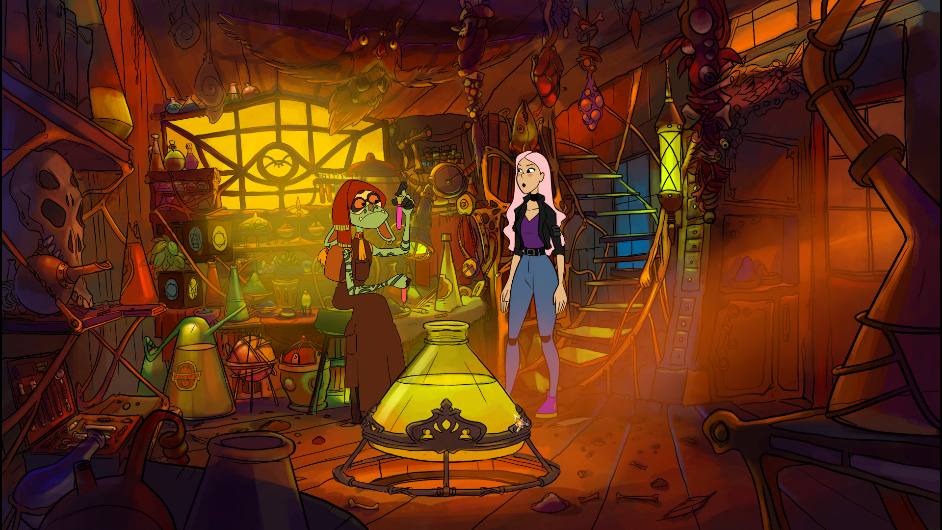 Near-Mage screenshot of main character and a goblin-like character examining test tubes in a potions lab.