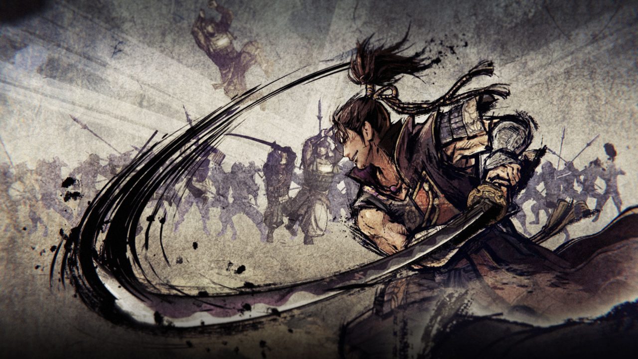 Samurai Warriors 5 cutscene with beautiful artwork in a painted style, with a warrior slashing his sword while several enemies fight in the background.