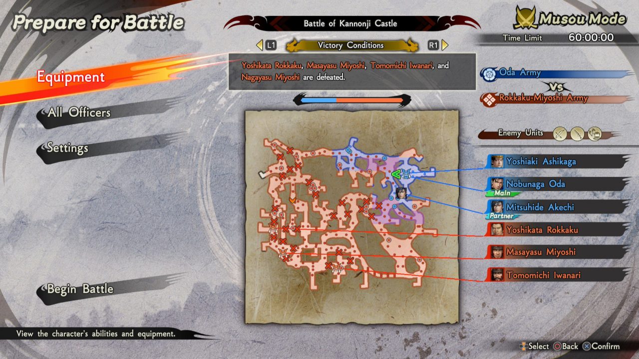 Samurai Warriors 5 map screen showing units in preparation for battle.