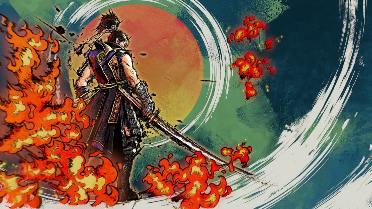 Samurai Warriors 5 special attack done in the style of a painting with stylized fire.