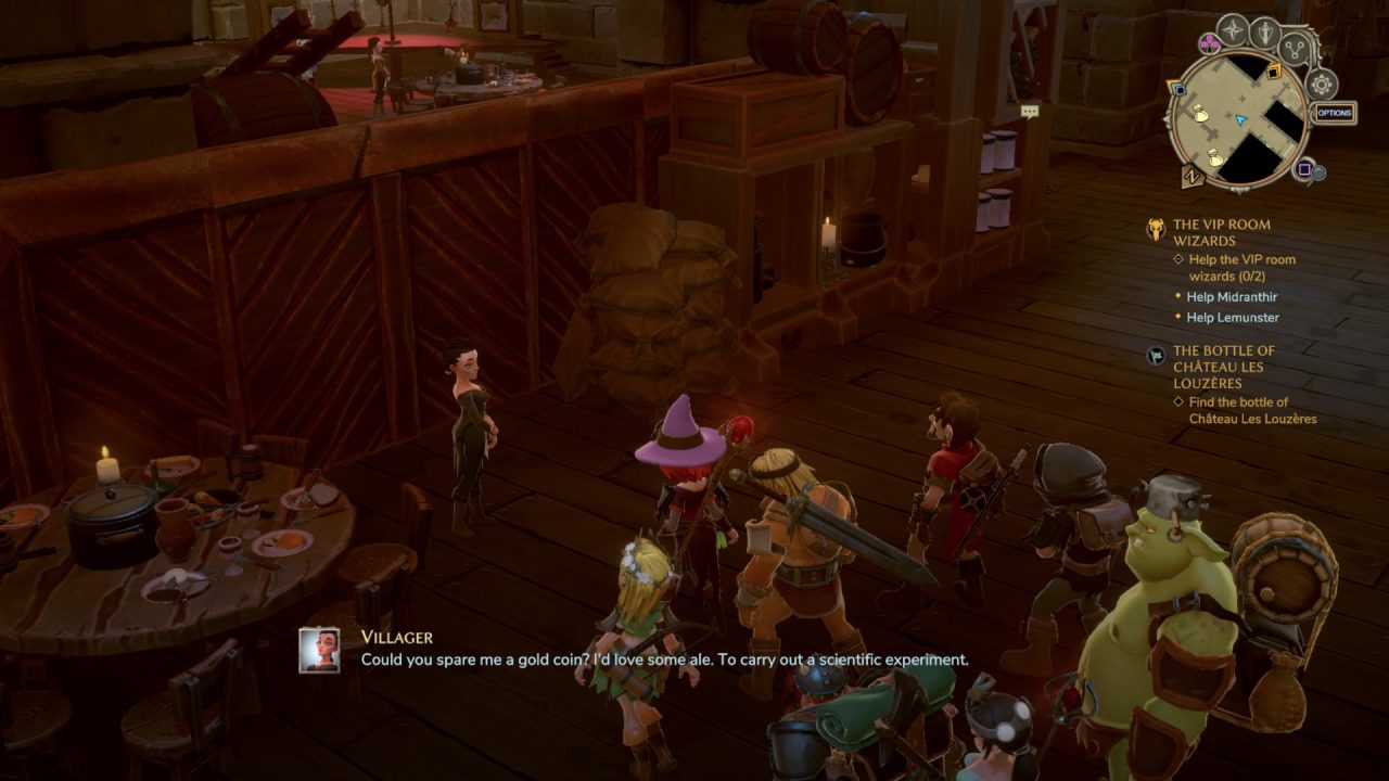 The party interacting with an NPC in The Dungeon of Naheulbeuk.